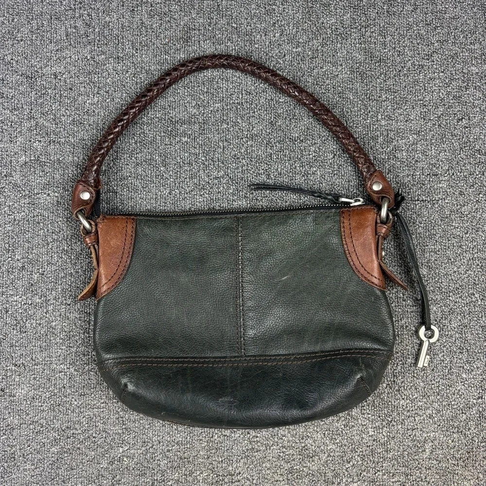 Fossil Black Brown Leather Hobo Shoulder Bag Braided Strap Key Charm
